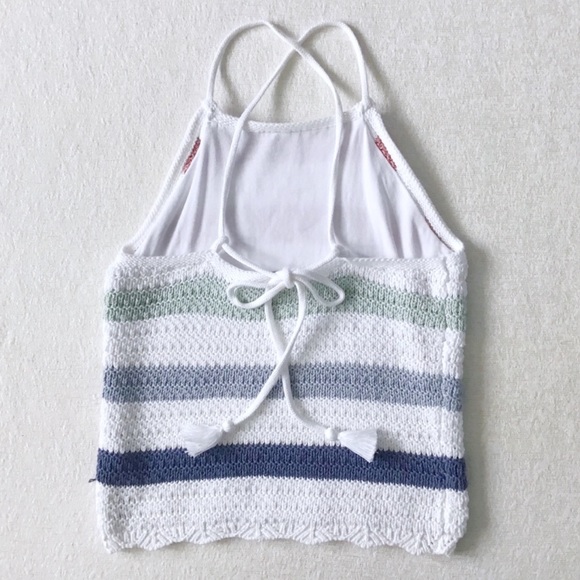 Hollister Knit Top Scallop Hem Adjustable Straps Tie in Back White with Stipes - Picture 5 of 10